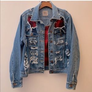 LF Furst of a Kind distressed denim jacket with red flannel